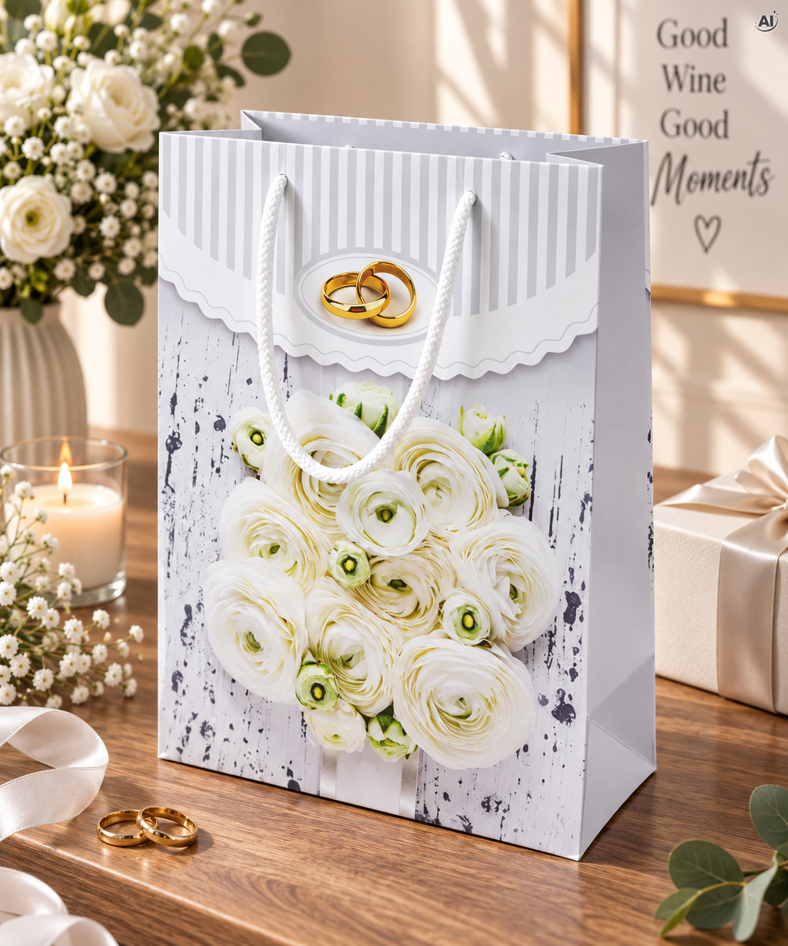 Papiertüte mit Schnurgriff 240x100x320mm weiße Rosen und Eheringe