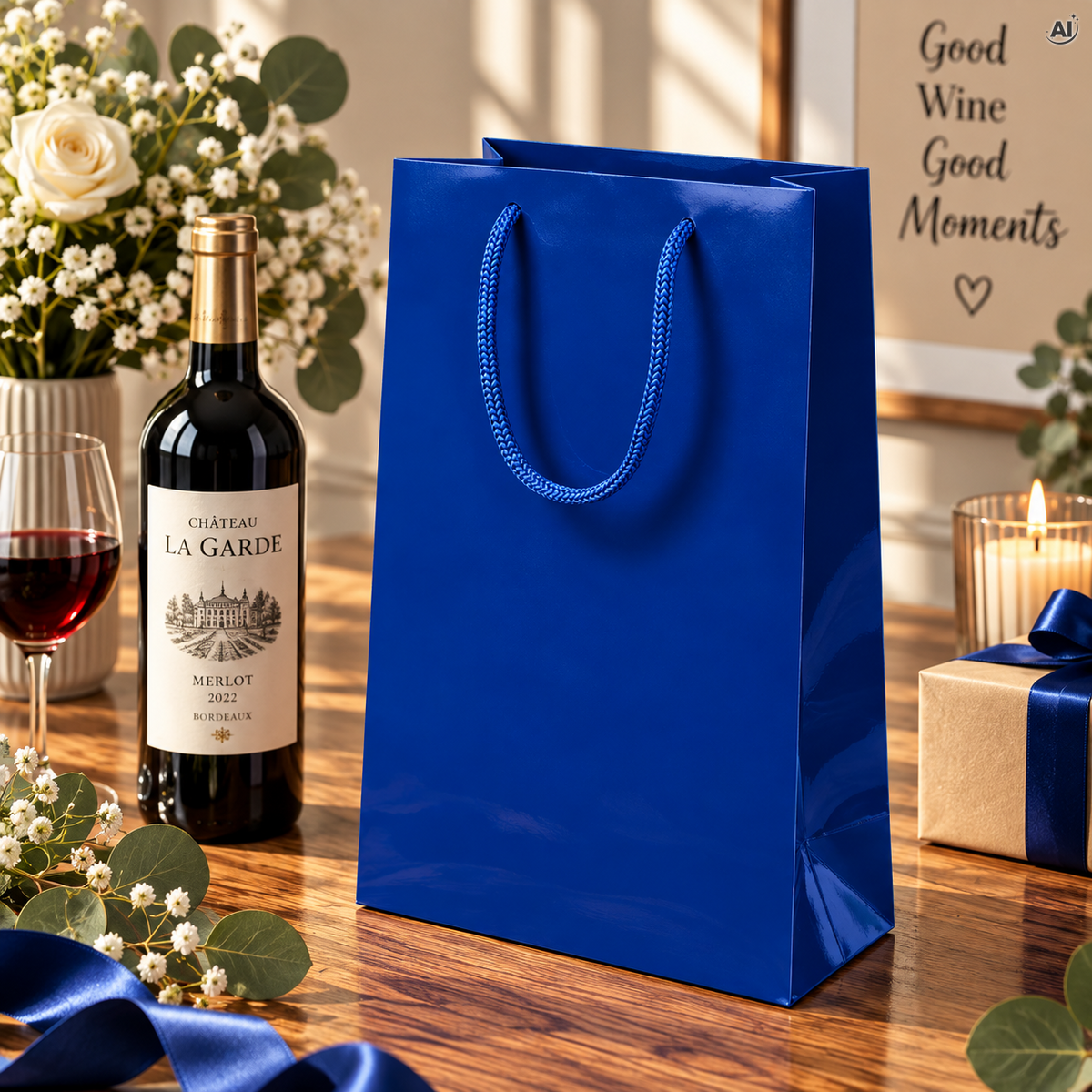 Laminierte Tasche mit Kordelgriff 240 × 90 × 320 mm dunkelblau