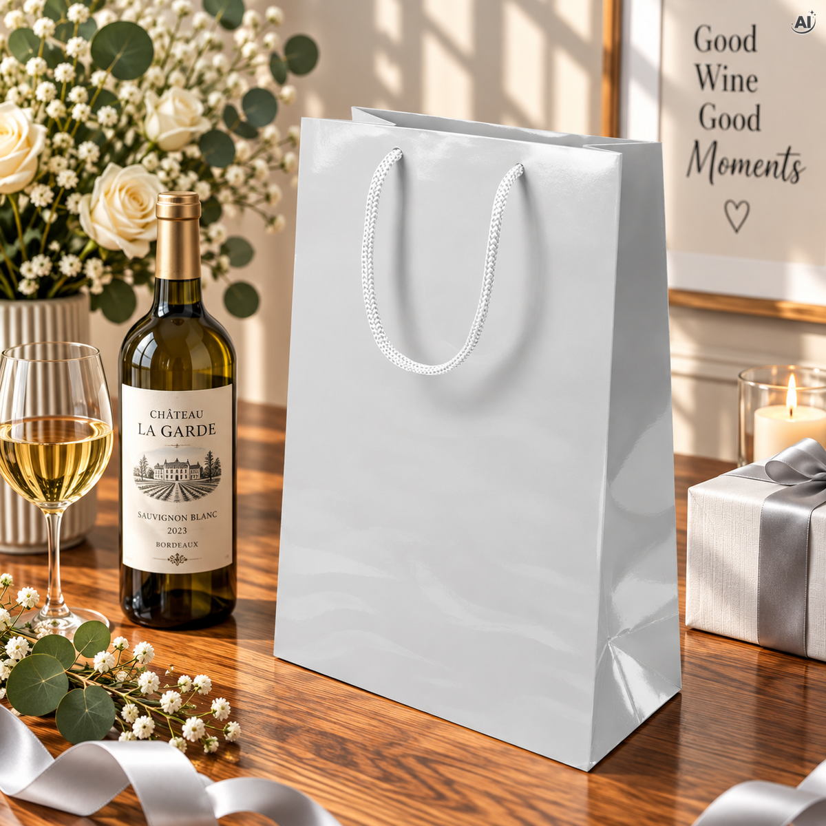 Laminierte Papiertragetasche mit PP-Kordel 30+10x40 cm, 170 g/m², weiß