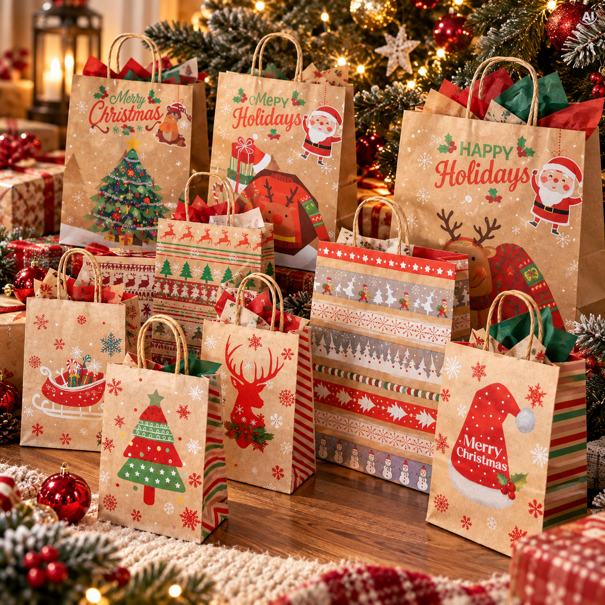 Set Weihnachts-Papiertragetaschen, 13 Stück, Merry Christmas