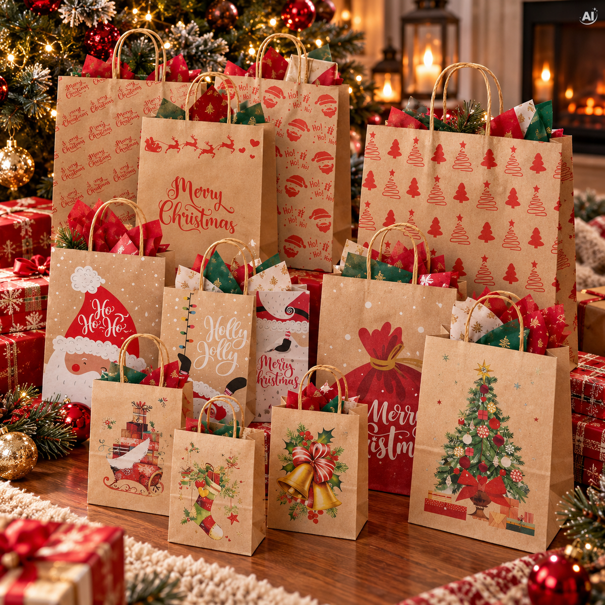Set Weihnachts-Papiertragetaschen, 12 Stück, Kraft