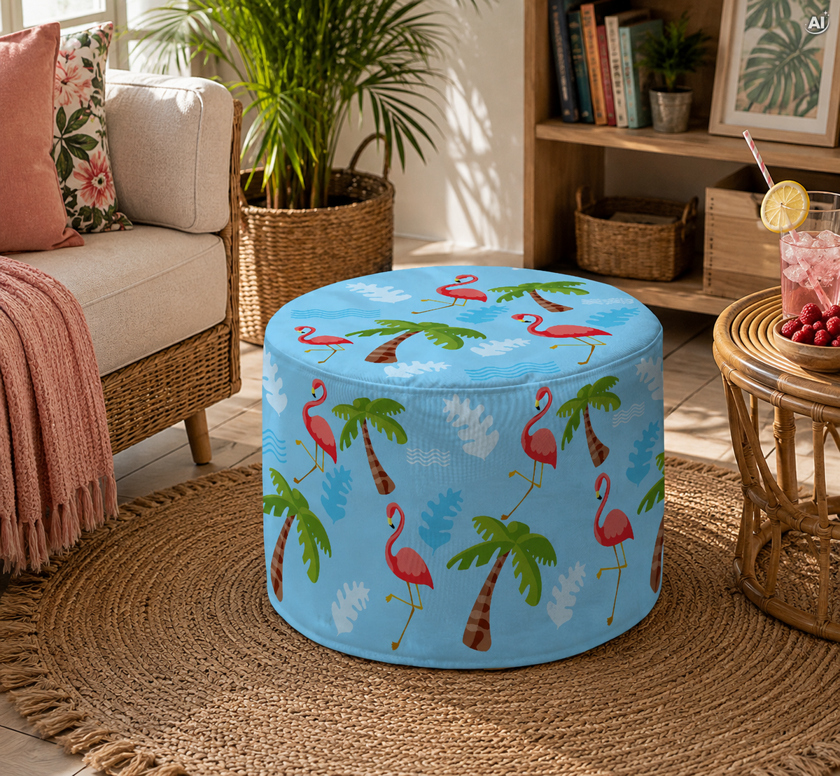 Runder Pouf-Fußhocker Flamingos und Palmen