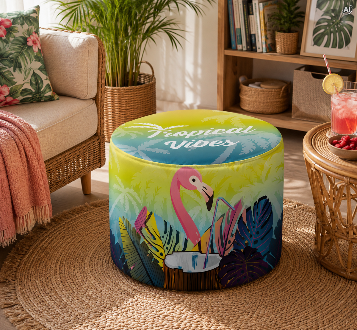 Runder Pouf-Fußhocker Tropical Vibes