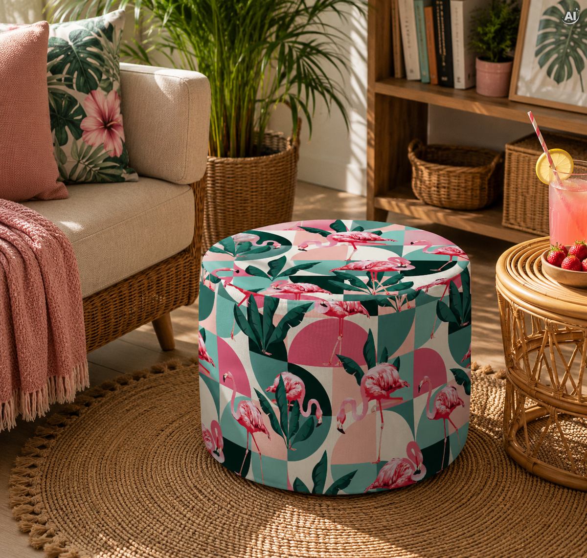 Runder Pouf-Fußhocker Flamingo