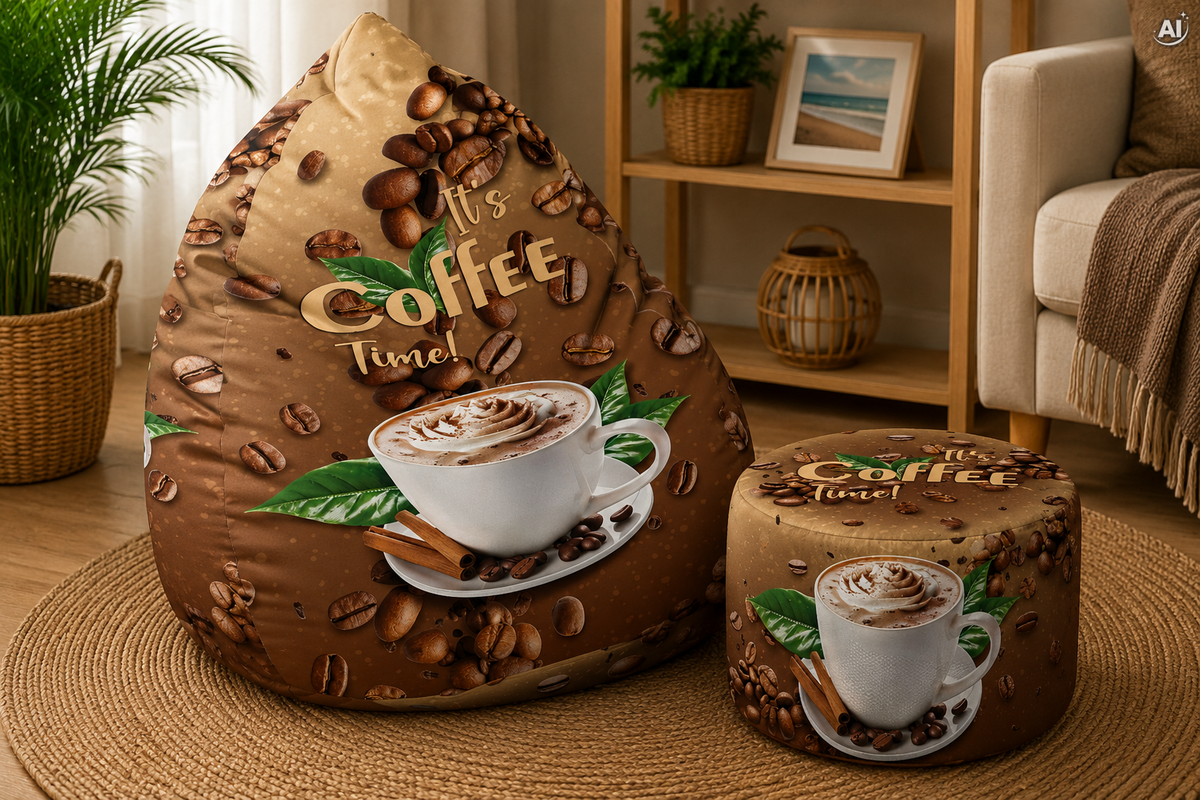 SET pouf sacco Pouf + poggiapiedi It's coffee time