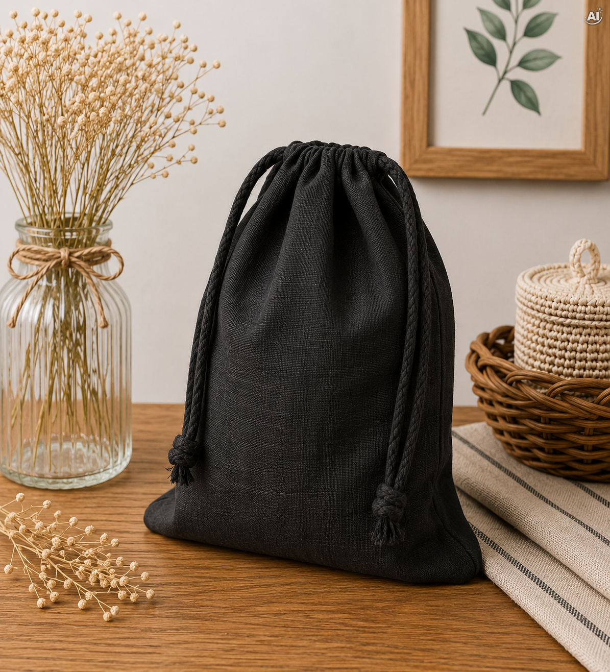 Baumwollbeutel mit Kordelzug 15 x 35 cm, 220 g/m², schwarz – Bild 2