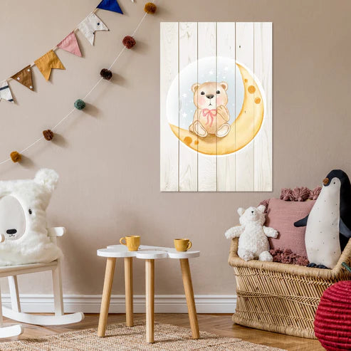 Wanddeko Holz - Cute Bear Sitting Moon Watercolor