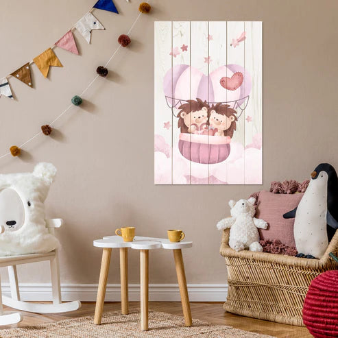 Wanddeko Holz - Cute Hedgeghogs in the Clouds