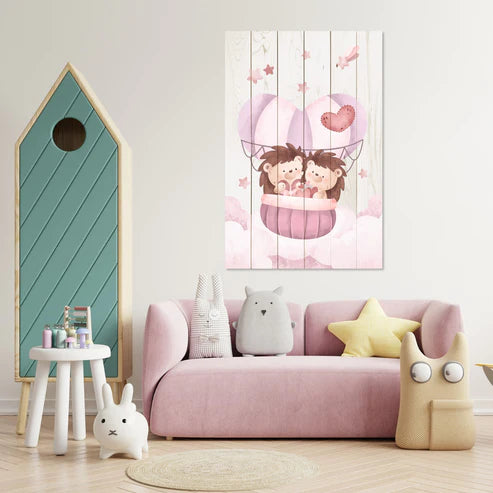 Wanddeko Holz - Cute Hedgeghogs in the Clouds