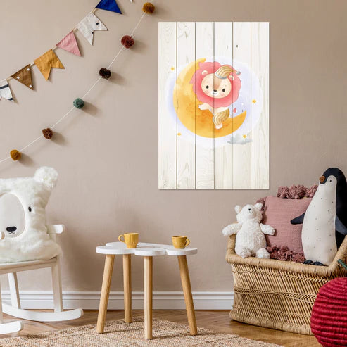 Wanddeko Holz - Cute Lion Sitting Moon