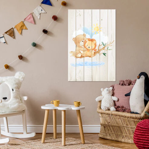 Wanddeko Holz - Cute Little Lion and Bear