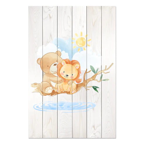 Wanddeko Holz - Cute Little Lion and Bear