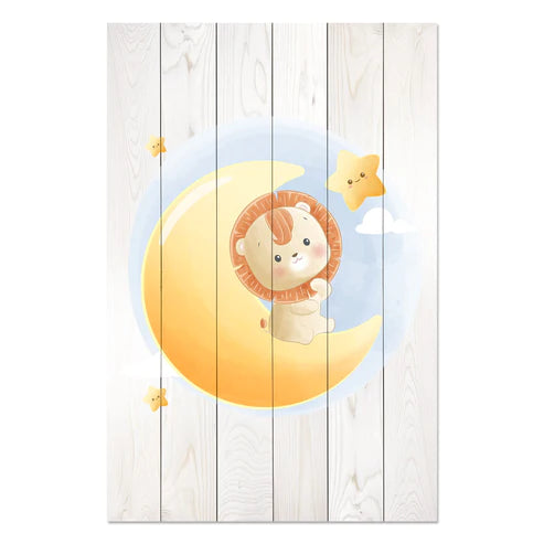 Wanddeko Holz - Cute Little Lion Sitting on the Moon