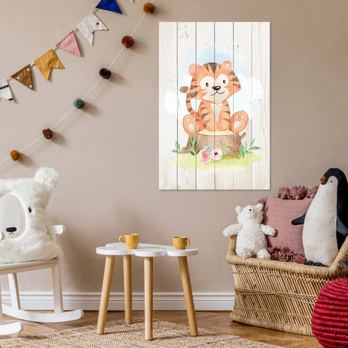 Wanddeko Holz - Cute Tiger Sitting Tree Stump