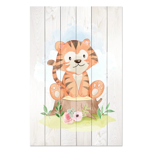 Wanddeko Holz - Cute Tiger Sitting Tree Stump
