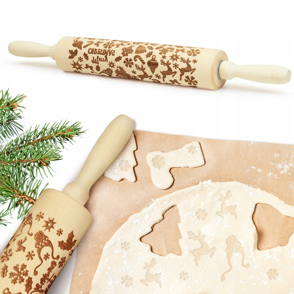 Nudelholz aus Holz mit Weihnachtsmuster für Plätzchen und Lebkuchen 43cm