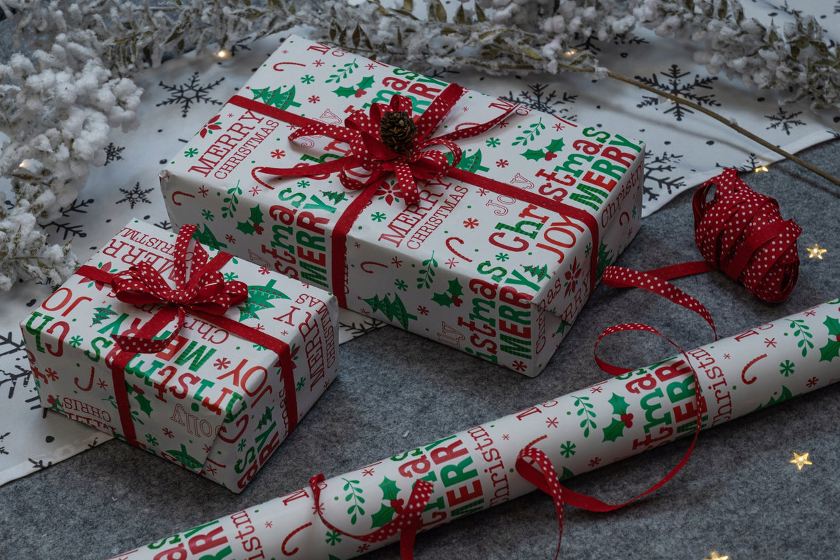 Weihnachtsgeschenkpapier weiß 70cm×5m "Frohe Weihnachten" Muster