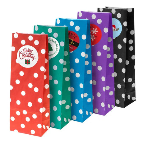 Weihnachtspapiertüten mit Punkten 10x26x6,5 + Weihnachtsaufkleber
