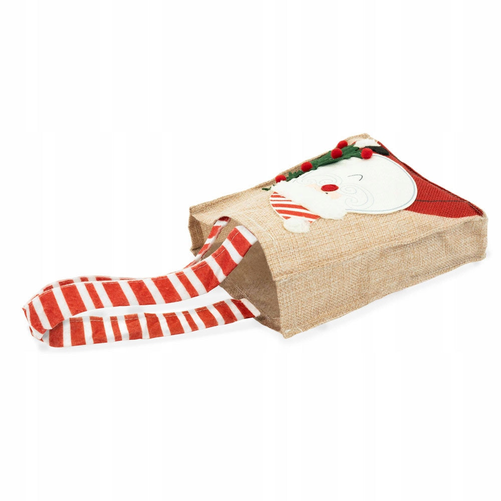 Jutetasche 15x4x19cm Beige mit rot gestreiften Griffen mit Weihnachtsmann-Motiv