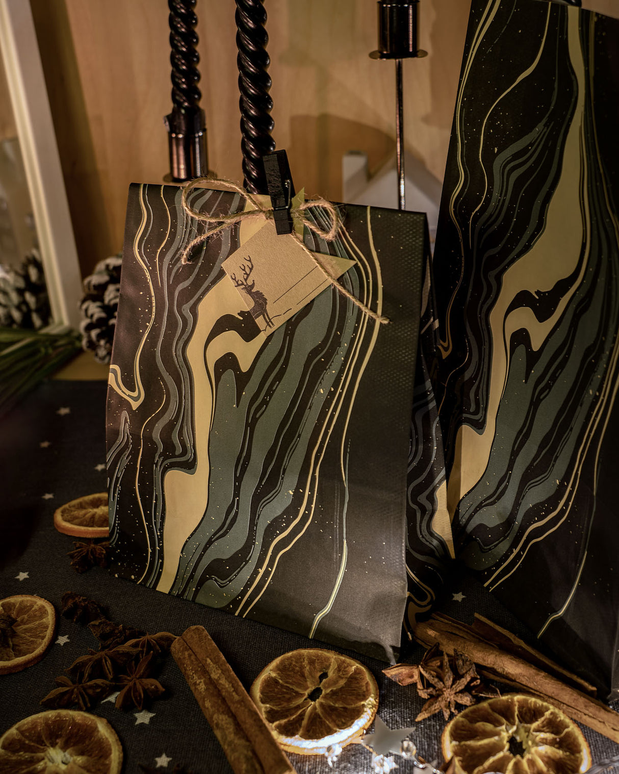 Papiertüten ohne Griff 160x80x270mm - Schwarz Gold Marmoriert