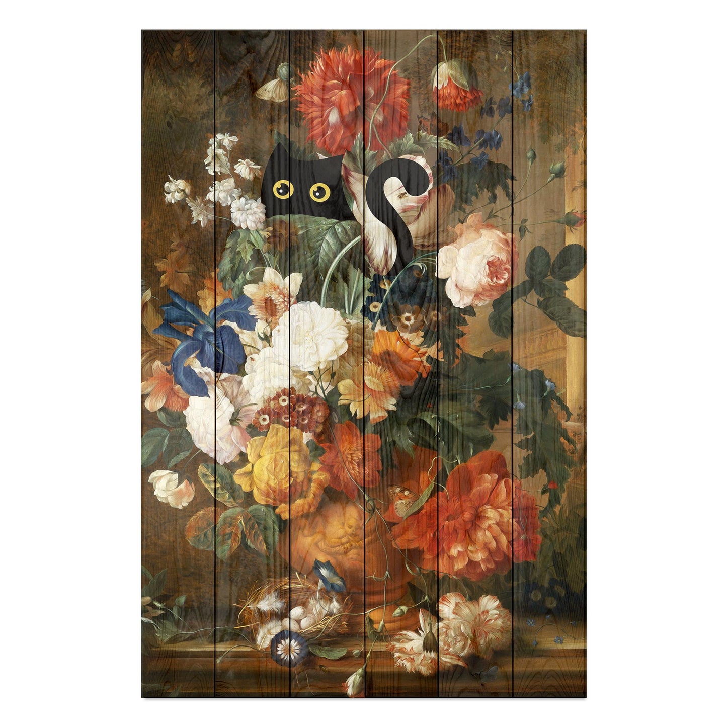 Wanddeko Holz - Floral still life with cat