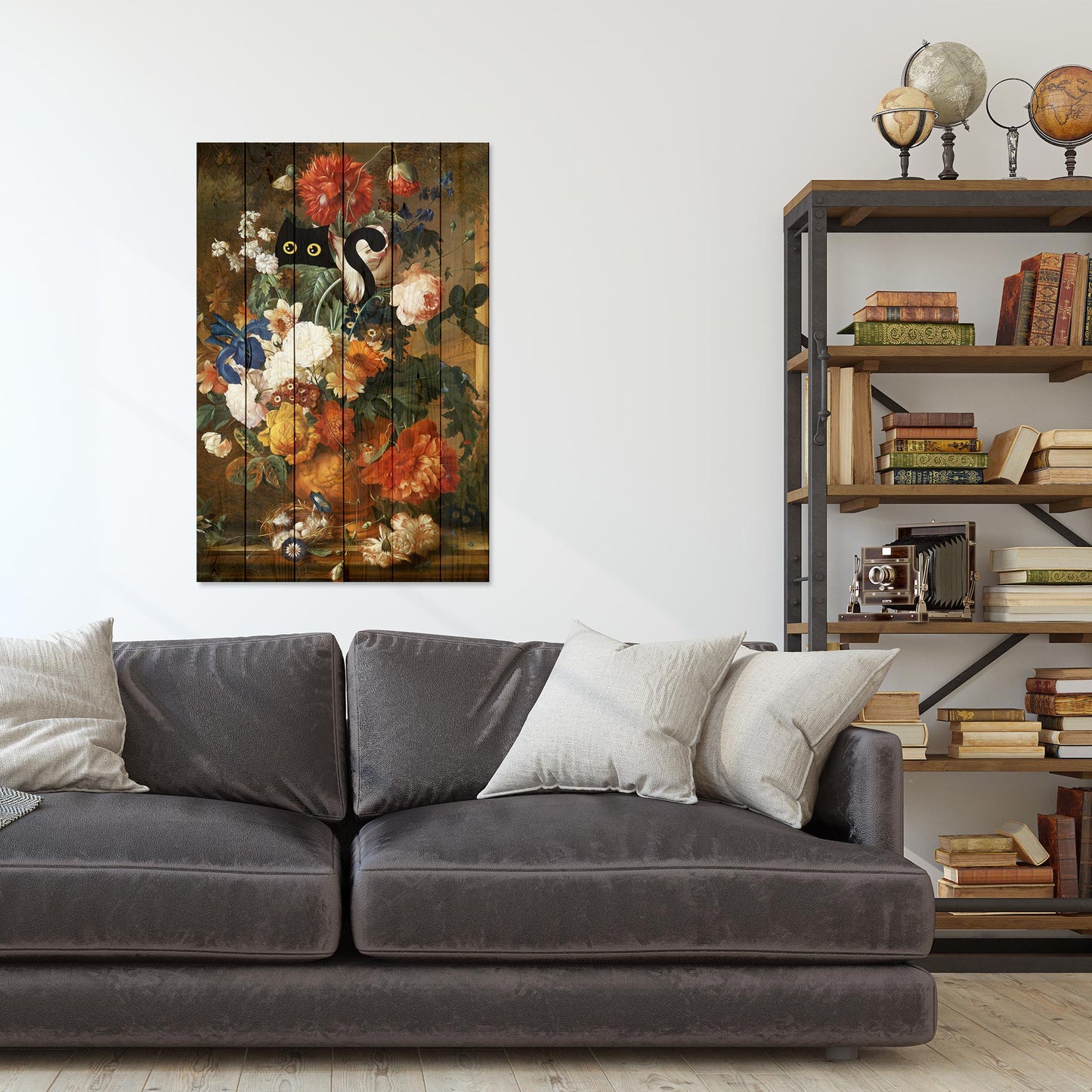 Wanddeko Holz - Floral still life with cat