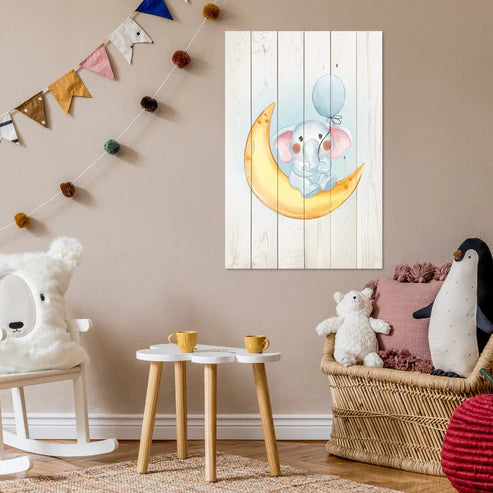 Wanddeko Holz - Little Elephant Holding a Balloon