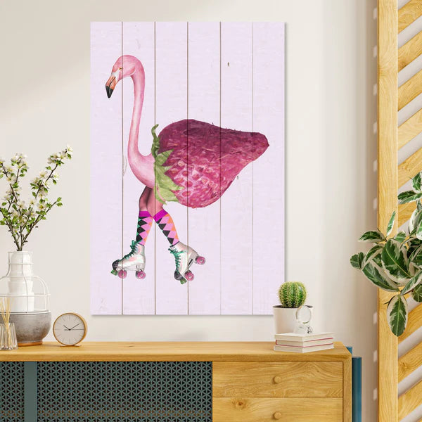 Wanddeko Holz -Pink Flamingo with Strawberry