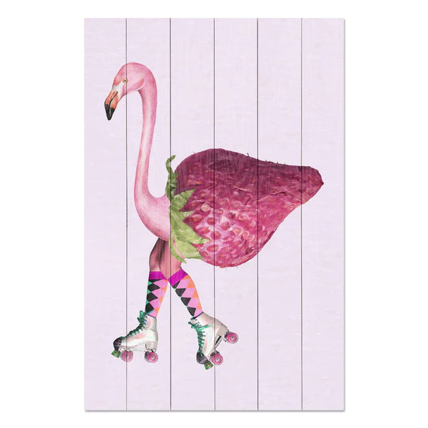 Wanddeko Holz -Pink Flamingo with Strawberry