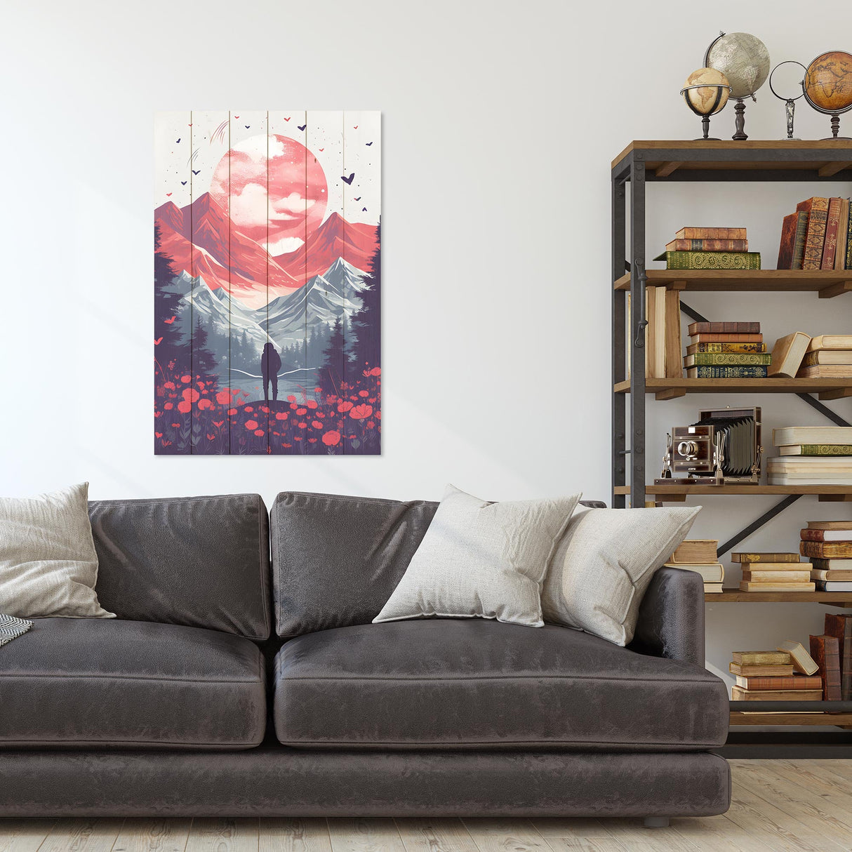 Wanddeko Holz - Moon over Mountains