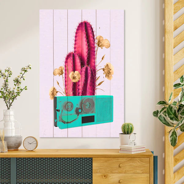 Wanddeko Holz - Retro Pink Cactus on Radio