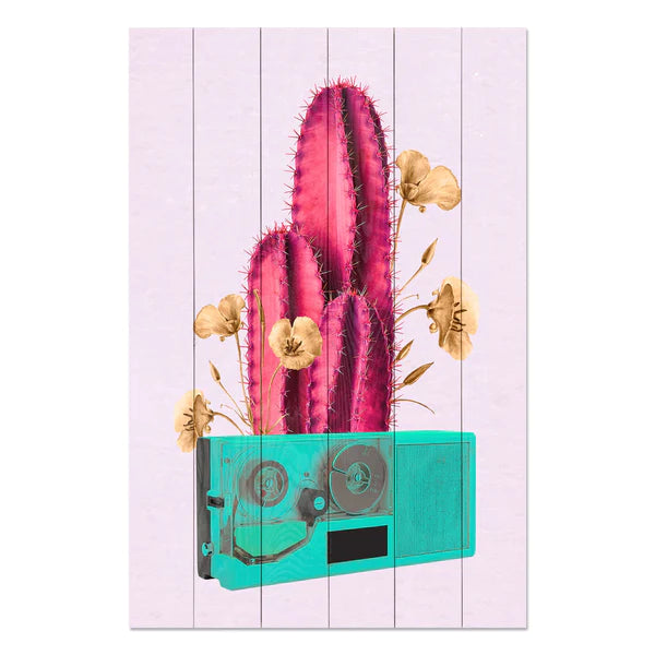 Wanddeko Holz - Retro Pink Cactus on Radio