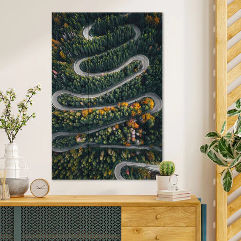 Wanddeko Holz - Winding Road throught the Forest