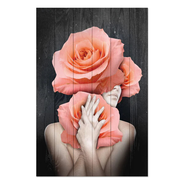 Wanddeko Holz - Woman Hugging Flowers