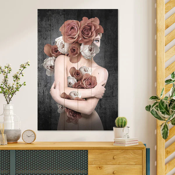 Wanddeko Holz - Woman in Flowers