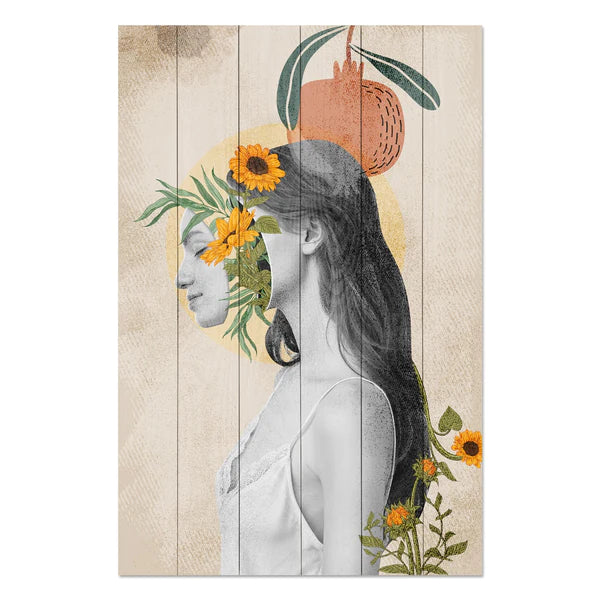 Wanddeko Holz - Woman with Head in Flowers
