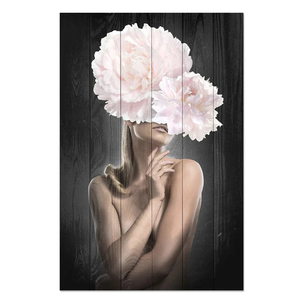 Wanddeko Holz - Woman with Pink Peonies