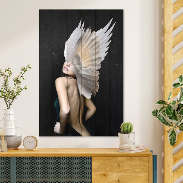 Wanddeko Holz - Woman with White Wings
