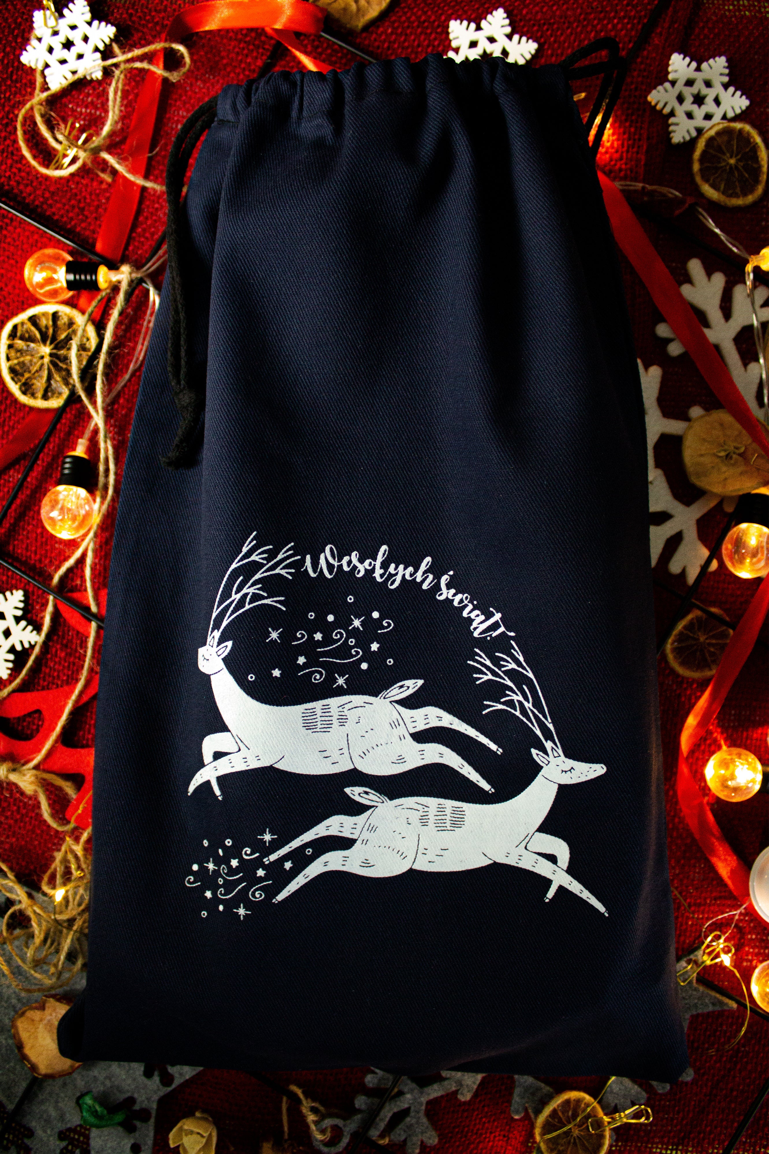 Weihnachts-Baumwolltasche 190x370mm Marineblau mit Rentier-Print