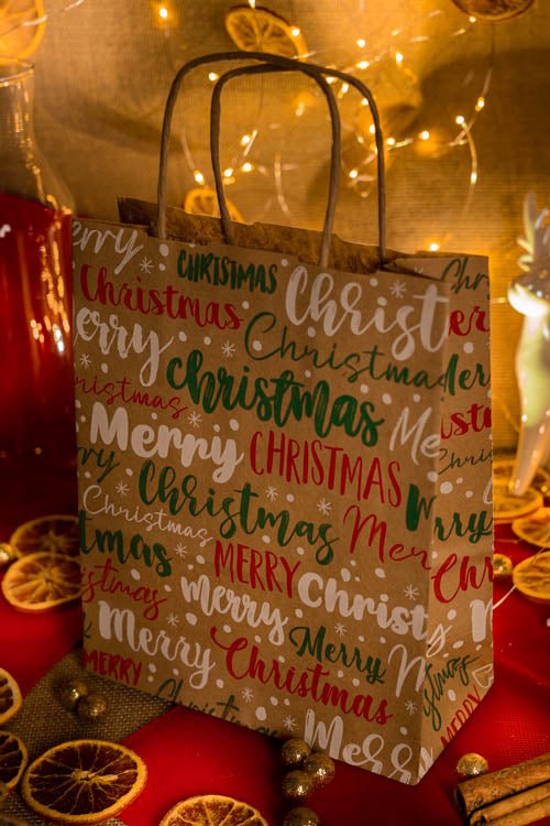18+8x22,5cm Merry Christmas Weihnachts Kraft Geschenktüten Weihnachts Papiertüten mit Griffen - AllBags