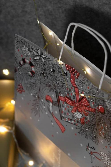 32+16x38cm Graue Tanne Weihnachts Papiertüten mit Griffen