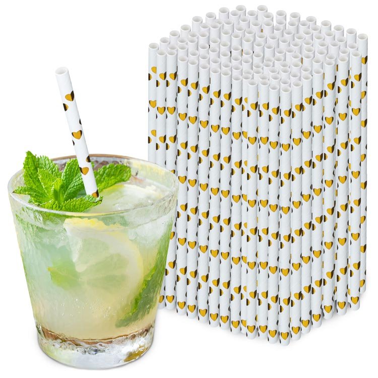 Papierstrohhalme Glänzende goldene Herzen 250 Stück