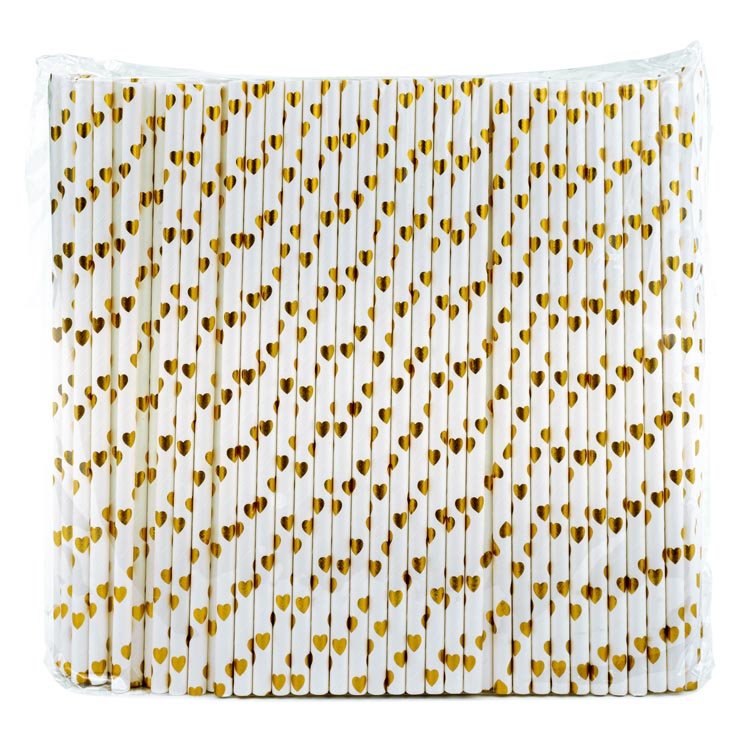 Papierstrohhalme Glänzende goldene Herzen 250 Stück - AllBags