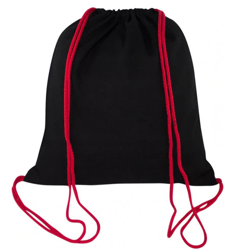 Baumwollrucksack schwarz mit roten Schnüren 340x400 mm