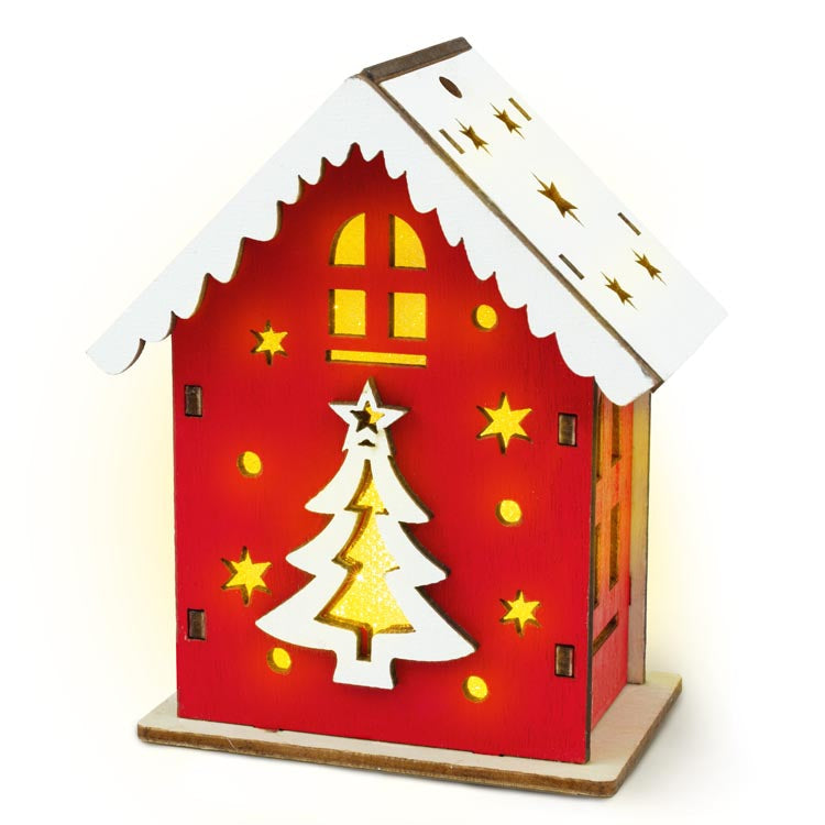 Rotes Adventshaus aus Holz mit Weihnachtsbaum