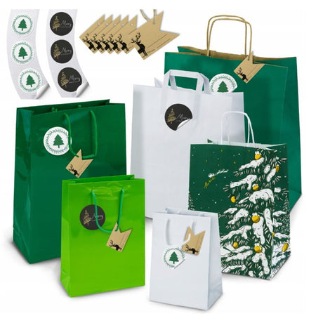 Set Weihnachts-Papiertüten mit Aufklebern und Tischkarten, Größenmix, Grün, 8-tlg.
