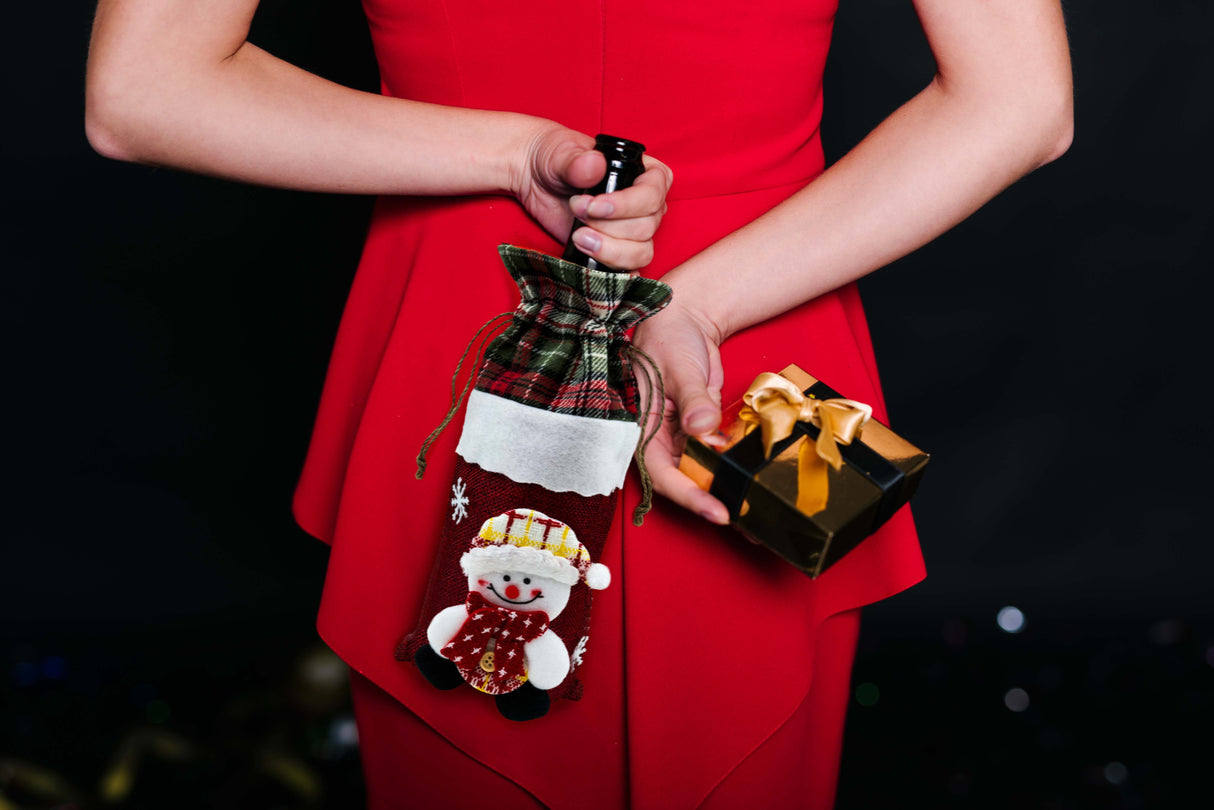 Weihnachts-Flaschenhülle, rot, mit Schneemann