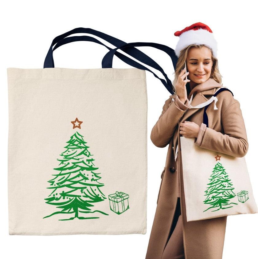 Baumwolltasche 380x420mm ecru mit Weihnachtsbaummotiv