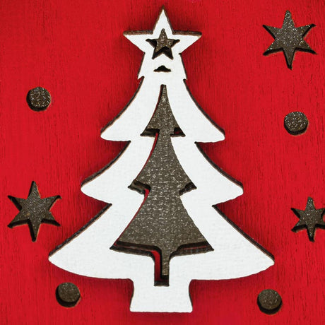 Rotes Adventshaus aus Holz mit Weihnachtsbaum