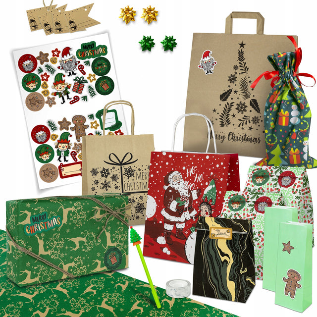 Set Weihnachtsgeschenktüten – verschiedene Größen und Zubehör 8-tlg.